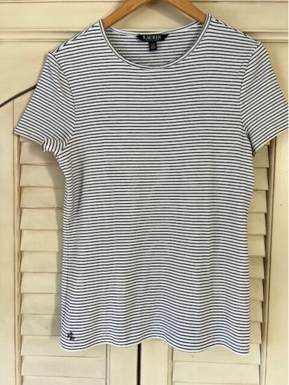 Ralph Lauren T-Shirt Womens  Striped White/Black Short Sleeve Crew Neck - Large